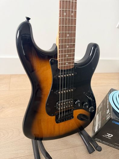 Squier stratocaster by fender, Boss amp and accessories