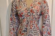 White, Blue and Red Floral Silk and Cotten Mix Tunic Top from M&amp;S size 10
