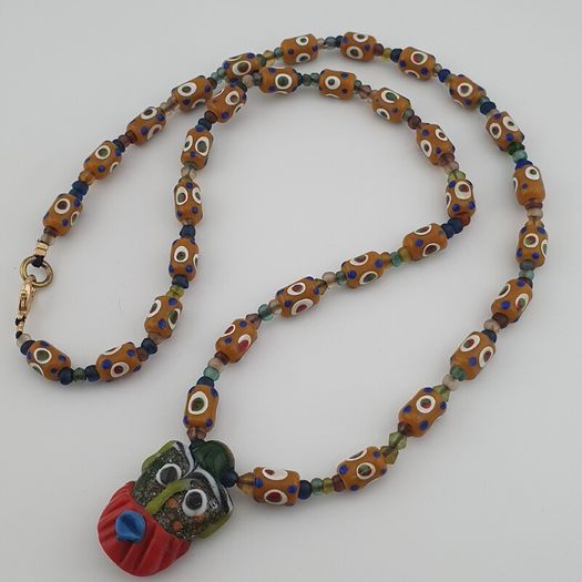 Vintage Venetain Style delicate Dotted Glass Beads & Old Face Glass Pendant Necklace