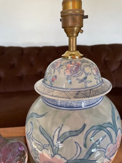 Pretty Oriental Pastel Floral Ginger Jar Lamp Base with Wooden Plinth Base