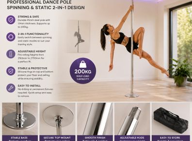 Professional Dancing Pole, Professional Dance PoleHeavy Duty 200kg Spinning Static Dancing Pole Kit, Portable Removable Pole, 45mm Heavy-Duty Stainless Steel Pole, Height  Adjustable  Adjustable 2163 2700mm