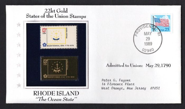 1988 USA  Rhode Island "The Ocean State" 22kt Gold Replica of the 1976 United States Flag Stamps showing 25c US flag definitive tied Providence, Rhode Island (state capital) illustrated cover