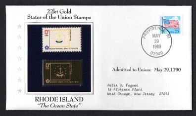 1988 USA  Rhode Island "The Ocean State" 22kt Gold Replica of the 1976 United States Flag Stamps showing 25c US flag definitive tied Providence, Rhode Island (state capital) illustrated cover