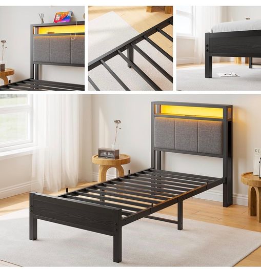 3FT Single Bed Frame with Storage Headboard, Black Metal Single Bed with Upholstered Headboard, LED Lights and Charging Station, Heavy Duty Metal Slats Support,Easy Assembly