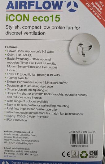 Airflow iCON eco15 Extractor Fan + Timer - Brand New