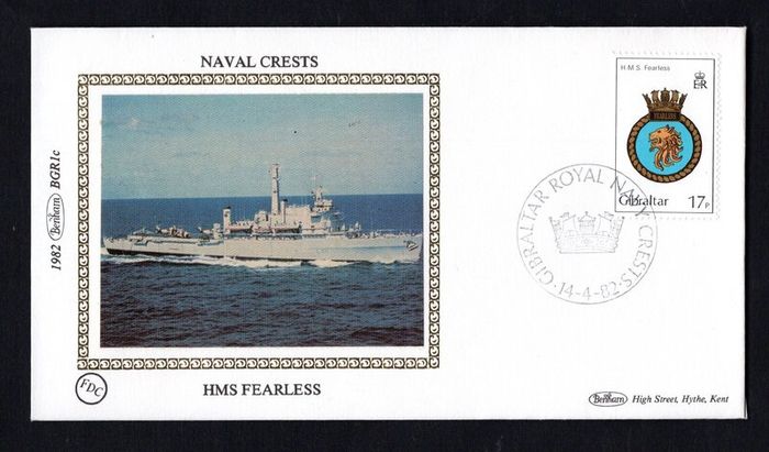 1981 Gibraltar Benham Silke Cover showing Naval Crests HMS Fearless tying 17p H.M.S. "Fearless" Commemorative stamp