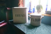 Vintage enamel large bread bin and flour tin.
