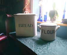 Vintage enamel large bread bin and flour tin.