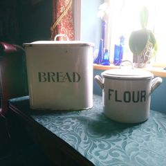 Vintage enamel large bread bin and flour tin.