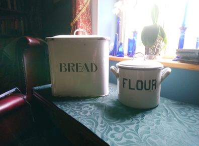 Vintage enamel large bread bin and flour tin.