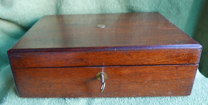 Antique 1800s Wood Folding Portable Travel Writing Lap Desk Campaign Box Case Key