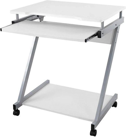 _desk, computer table with 4 castors, 2 of them with brakes, PC table easy-to-use keyboard pull-out, easy assembly, space-saving Z-shaped PC table, white