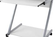 _desk, computer table with 4 castors, 2 of them with brakes, PC table easy-to-use keyboard pull-out, easy assembly, space-saving Z-shaped PC table, white