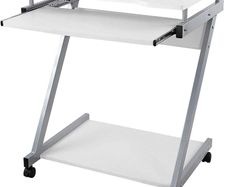 _desk, computer table with 4 castors, 2 of them with brakes, PC table easy-to-use keyboard pull-out, easy assembly, space-saving Z-shaped PC table, white