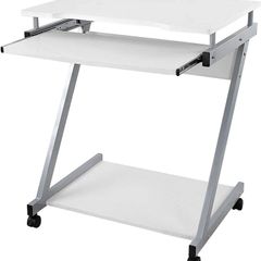 _desk, computer table with 4 castors, 2 of them with brakes, PC table easy-to-use keyboard pull-out, easy assembly, space-saving Z-shaped PC table, white
