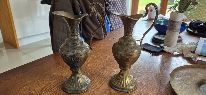 Vintage Brass Decorative Ewers, Matching Pair