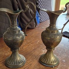 Vintage Brass Decorative Ewers, Matching Pair