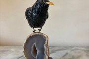 Hand-Carved Gemstone Blackbird on Crystal Geode Base
