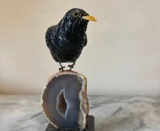 Hand-Carved Gemstone Blackbird on Crystal Geode Base