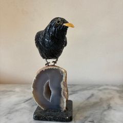 Hand-Carved Gemstone Blackbird on Crystal Geode Base