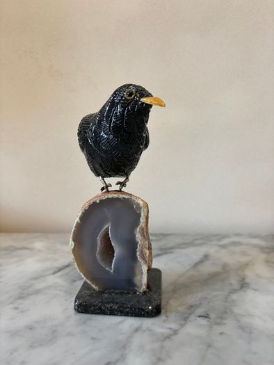 Hand-Carved Gemstone Blackbird on Crystal Geode Base