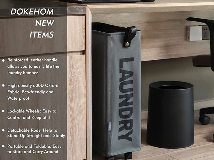 Slim Laundry Basket with Leather Handle on Wheels (4 Colors), Foldable Corner Storage Bins, Collapsible Rolling Laundry Hamper (Dark Grey, Slim)