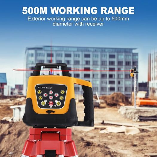 Rotary Laser Level Kit, 360 Degree Automatic Self Leveling Red Beam Horizontal Laser Transit, with Aluminum Tripod & Grade Rod, 500m