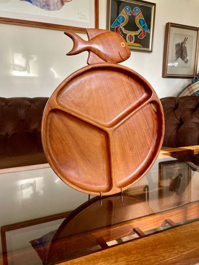 Vintage Teak Mid Century Divided Serving Platter Carved Handle Retro Stylised Fish