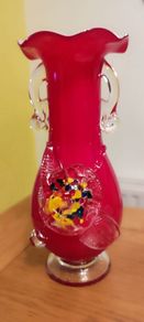 Retro Hand Blown Red Glass Vase Cased in White Cherry Blossom 70's