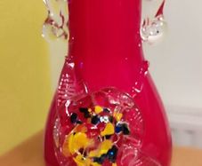 Retro Hand Blown Red Glass Vase Cased in White Cherry Blossom 70's