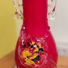 Retro Hand Blown Red Glass Vase Cased in White Cherry Blossom 70's
