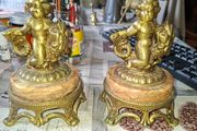 Very Heavy Antique Brass and Marble Elegant Pair of Angelic Candle Holders, Angel on Fish,