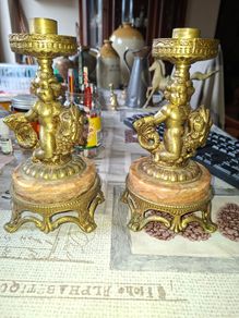 Very Heavy Antique Brass and Marble Elegant Pair of Angelic Candle Holders, Angel on Fish,