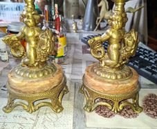 Very Heavy Antique Brass and Marble Elegant Pair of Angelic Candle Holders, Angel on Fish,