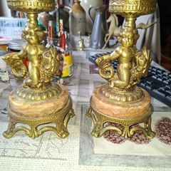 Very Heavy Antique Brass and Marble Elegant Pair of Angelic Candle Holders, Angel on Fish,