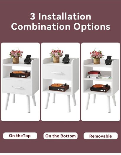 Bedside Table Set of 2, Nightstand, Side Table, Wooden Sofa End Table with Fabric Drawer, Open Shelf, Solid Wood Legs, 39x29x63 cm, for Bedroom, Living Room, White