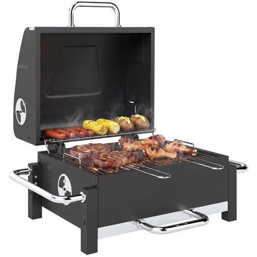 Steel Charcoal Grill Portable BBQ Smoker with Lid Adjustable Vents Two-Stage Charcoal Pan Thermometer