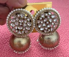 Traditional Gold Kundan Jhumka Earrings with Pearl Drops