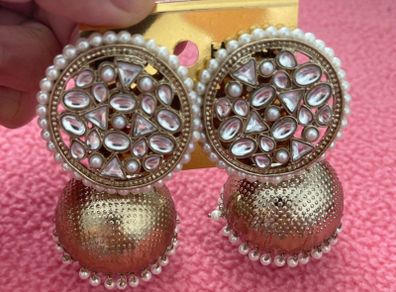 Traditional Gold Kundan Jhumka Earrings with Pearl Drops