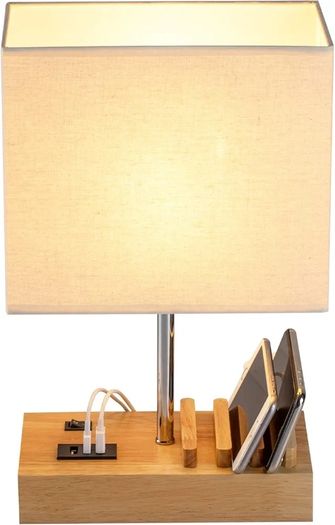USB Bedside Table Lamp, HHome Plus Desk Lamp with 3 USB Charging Ports and Phone Charge Dock, Wood Charging Station and Organizer, Perfect Light for Bedroom, Guest Room, Living Room, Office