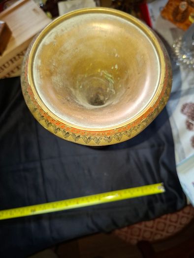 A Beautiful Large Old Brass Vase featuring intricate etched or engraved floral patterns with red enamel inlay, Postage Available or Collection