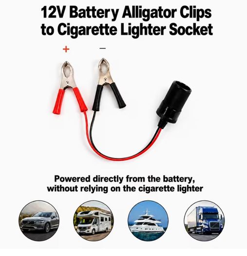 12V Battery for alligator Clips to Cigarette Lighter Socket Adapter Cable, Emergency Direct Power Cord for Car Tire Inflator, Cooler, Vacuum, Universal for All 12V Vehicles,