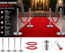 Silver or Gold Crowd Control Barrier Set  4 Posts with 2 Red Velvet Ropes