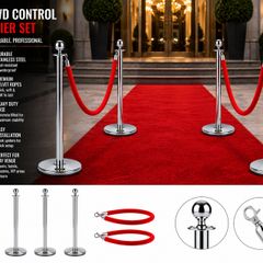 Silver or Gold Crowd Control Barrier Set  4 Posts with 2 Red Velvet Ropes