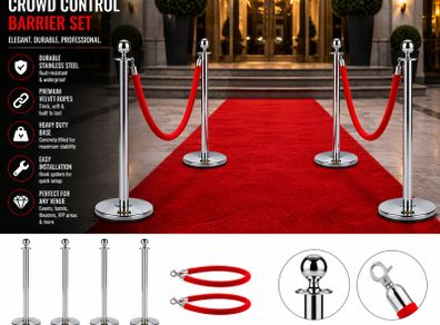Silver or Gold Crowd Control Barrier Set  4 Posts with 2 Red Velvet Ropes