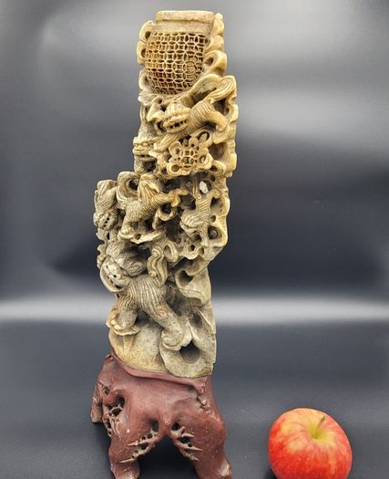 Large Antique 19th/20th Century Chinese Qing Soapstone Foo Dog Carving