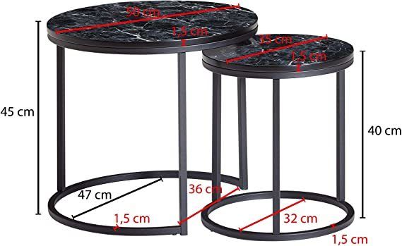 Side Table, Set of 2 Marble Look Round Coffee Table, 2-Piece Table Frame Metal, Small Living
