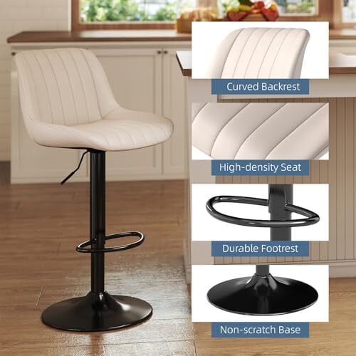 Bar Stools Set of 2, Adjustable PU Leather Bar Stool Beige