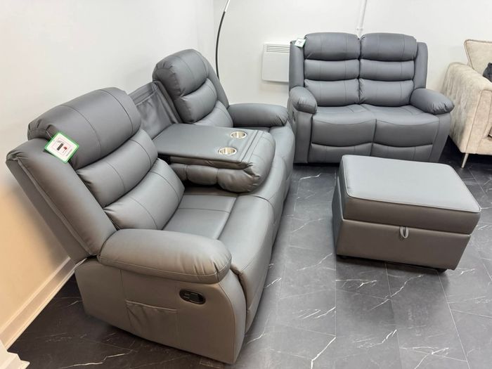 Roma Dark Grey Leather Recliner Sofa Set + Footstool
