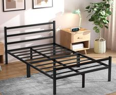 Double Bed Frames with Headboard 4ft6 Black Metal Double Bed Frame with Storage for Adult Teenagers Heavy Duty Non-Slip with Steel Slats No Box Spring Needed